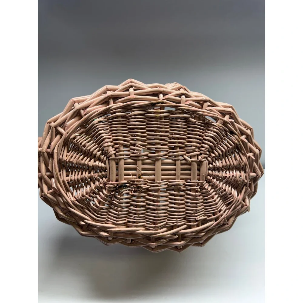 Vintage Pink Wicker Basket Oval Woven Easter Gift Basket with Handle 16 Inch